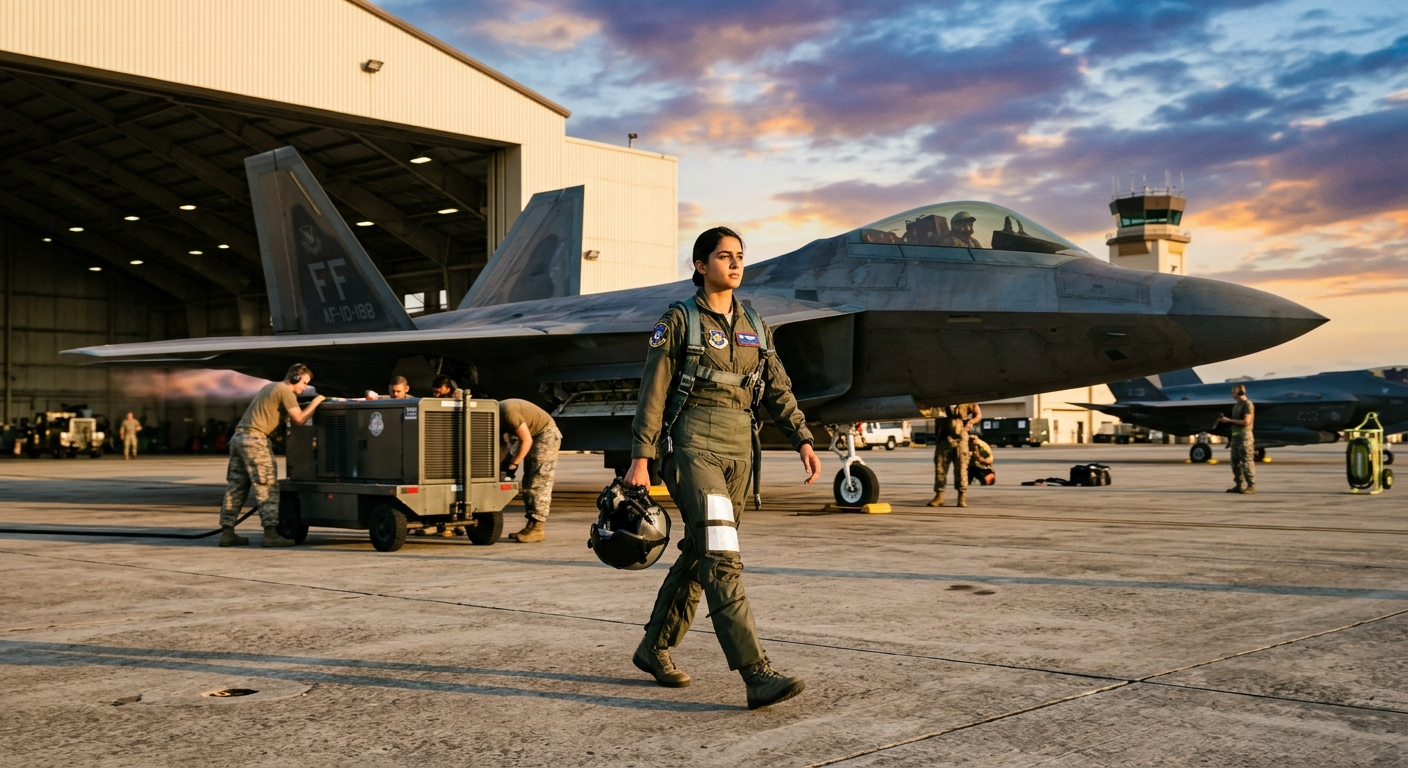 AI-generated pilot walking to her flying metal steed